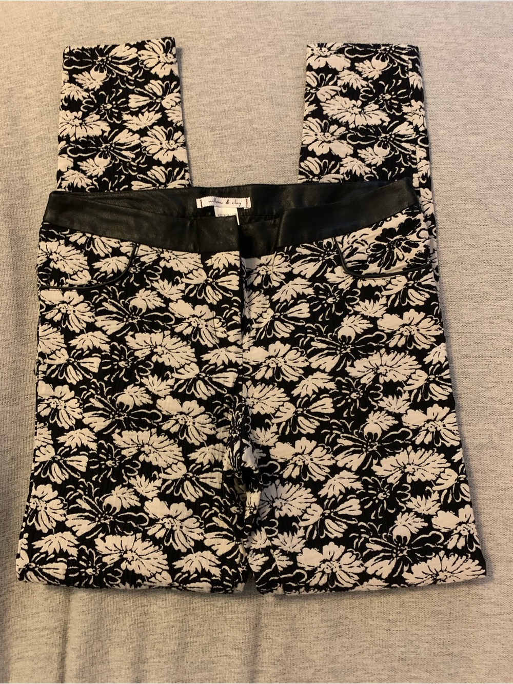 Willow & Clay Black and Cream Floral Jacquard Skirt with Faux Leather Waistband